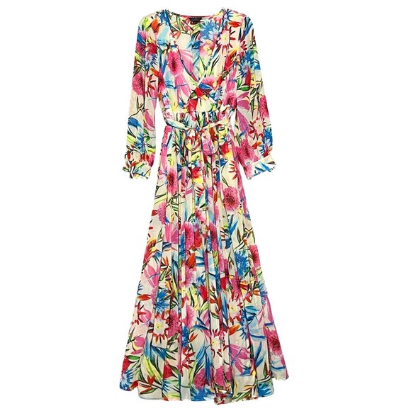 HAODUOYI Sheer Garden Floral Surplice V-Neck Pleated Flowy Maxi Dress Size L - Picture 1 of 6